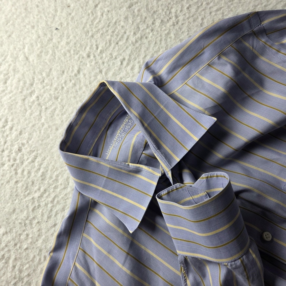 Holland & Sherry Dress Shirt Mens L Blue Stripe Regular Fit Cotton Long Sleeve